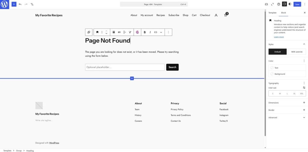 Screenshot of the WordPress page editor.