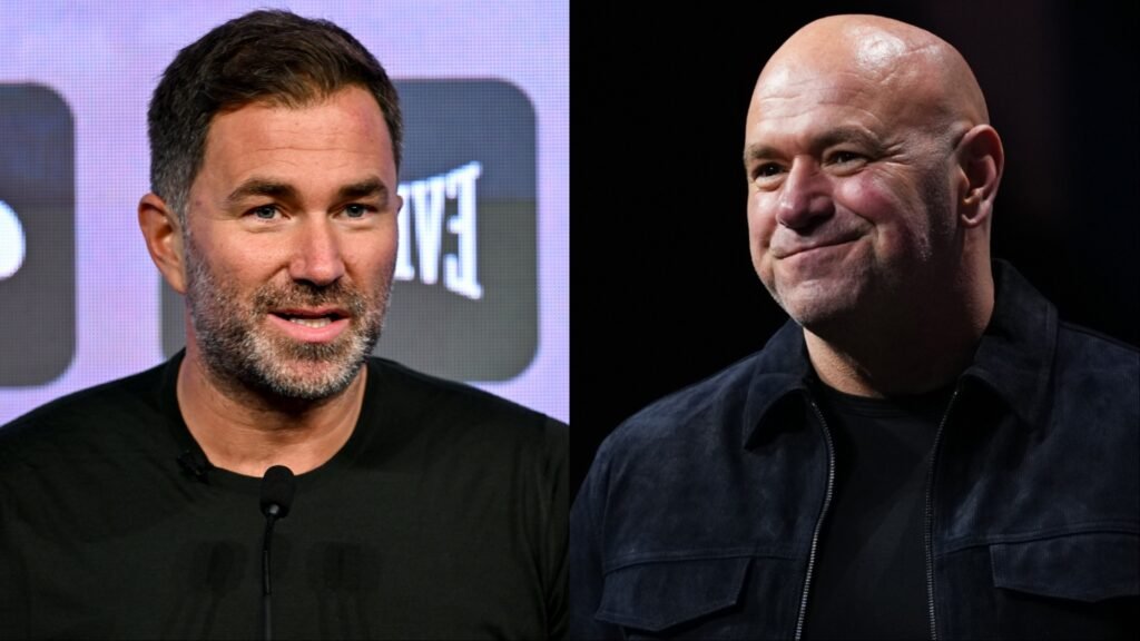 Eddie Hearn calls Turki Alalshikh Dana White’s ‘papi’ in latest jab between rival boxing promoters Eddie Hearn speaks at a press conference, opposite Dana White on stage at a media event