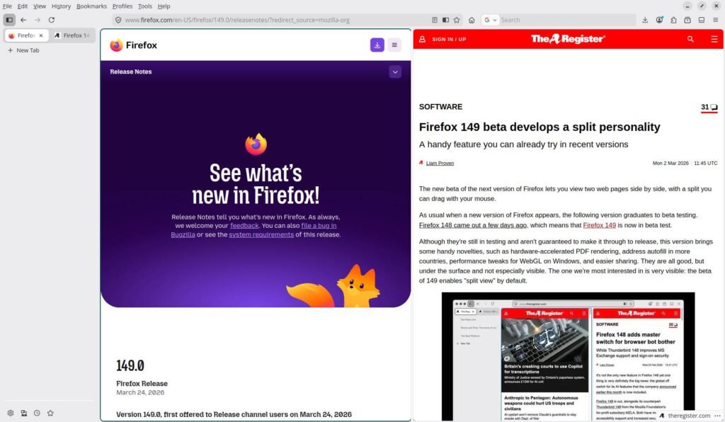 Firefox 149 brings a free VPN and native dialog boxes • The Register Firefox 149 with a vertical tab bar showing the announcement and the Reg article on the beta