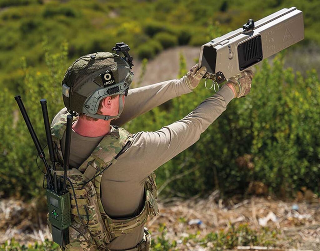 The DroneBuster Block 4 paired with DZYNE’s DTI system. Handheld RF weapons are easy to use by soldiers trained on handguns and rifles. [Source: DZYNE]