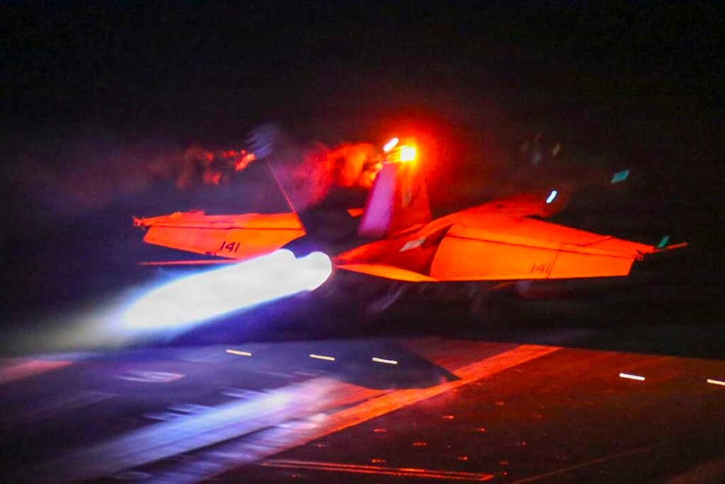 US Navy F/A-18F aircraft launches from the carrier USS Abraham Lincoln (CVN 72) during Operation Epic Fury on March 1. (Image: US Central Command)