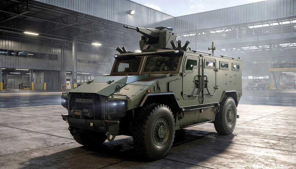 The SCATA MK1 is a modular family of 4x4 armoured vehicles utilising the Texelis Celeris mobility platform. According to the company first deliveries of the SCATA MK1 could be made before the end of this year, with production ramping up to between 150 and 200 vehicles in 2027. [Image: SCATA]