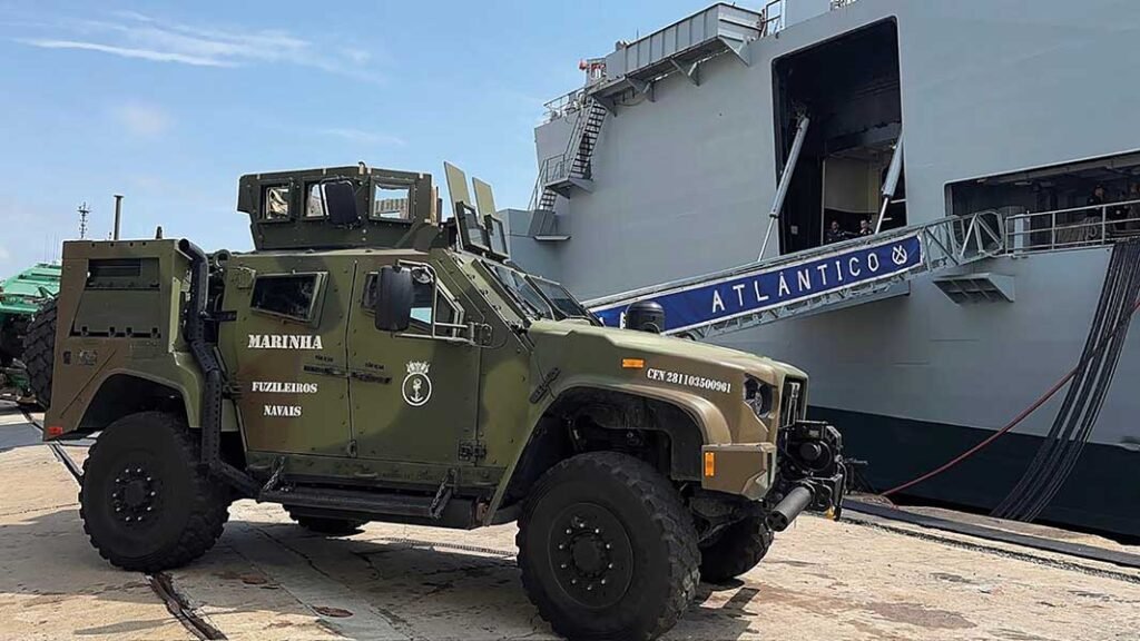 An Oshkosh JLTV of the Brazilian Marine Corps waiting to embark on the LPH NAM Atlântico (A140). Atlântico was formerly HMS Ocean of the Royal Navy and was commissioned into the Brazilian Navy on 29 June 2018. [Image: Brazilian Marine Corps]