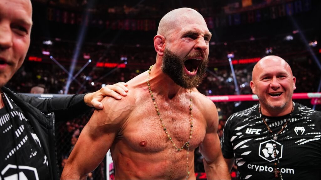 UFC analyst points out problem with Jiri Prochazka winning the title at UFC 327 Jiri Prochazka celebrates his win with his team at UFC 320