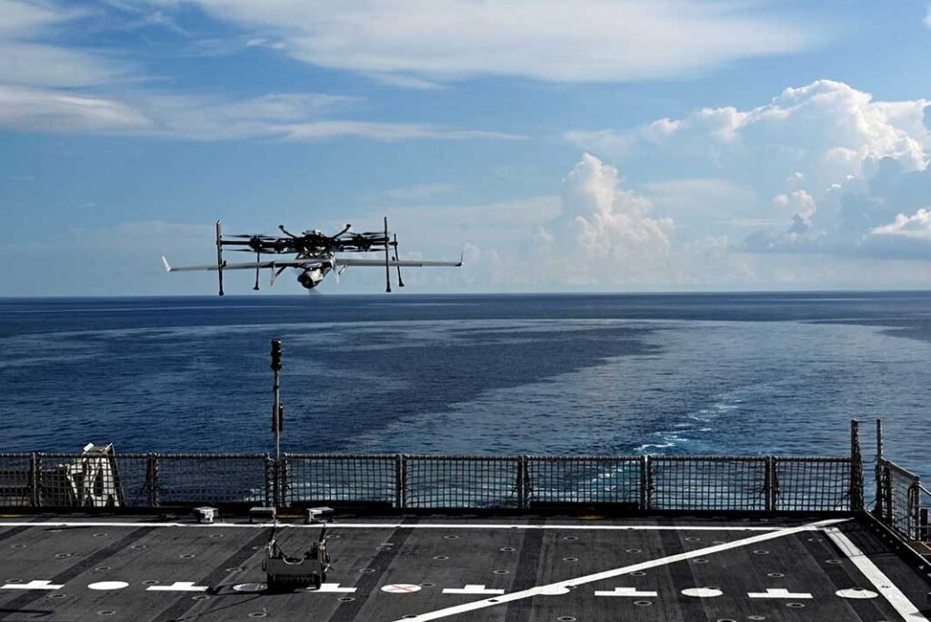Integrator VTOL UAS launches from a US Navy vessel. [Photo: Insitu]