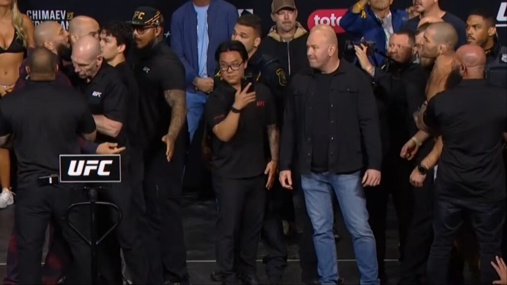 Khamzat Chimaev and Sean Strickland at the UFC 328 ceremonial weigh-in