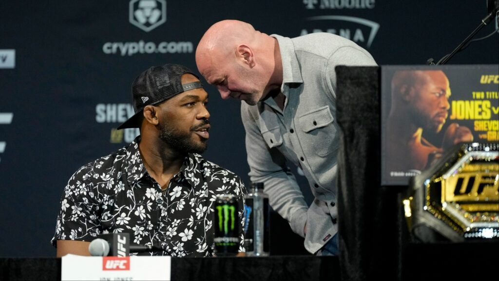 Jon Jones and Dana White speak during the UFC 285 pre-fight press conference