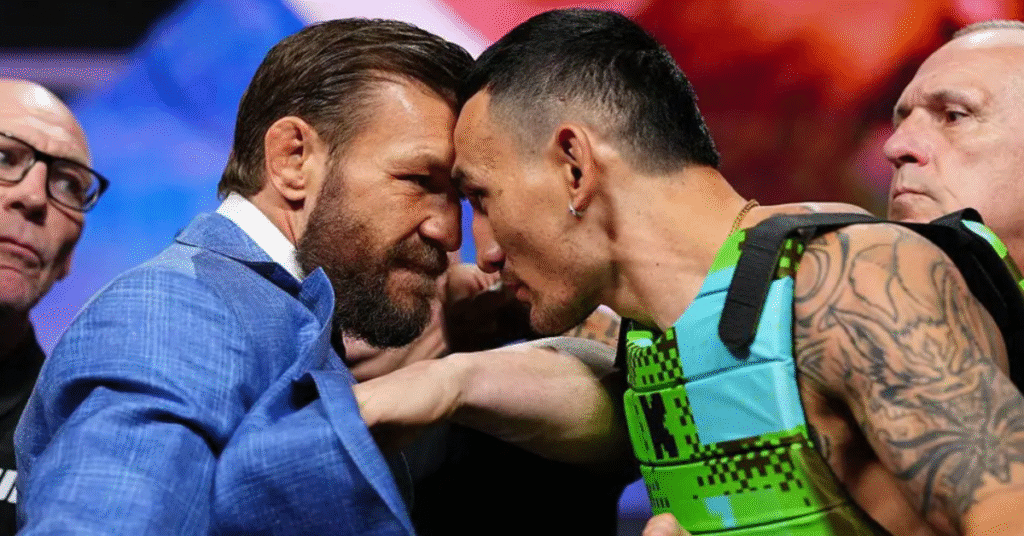 Max Holloway Reacts After Conor McGregor Throws His Oakley Meta Glasses During UFC 329 Faceoff Max Holloway, Conor McGregor