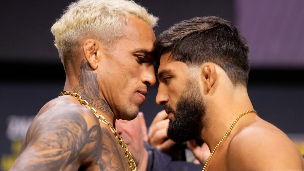 Charles Oliveira and Arman Tsarukyan face off at the UFC 300 ceremonial weigh-in