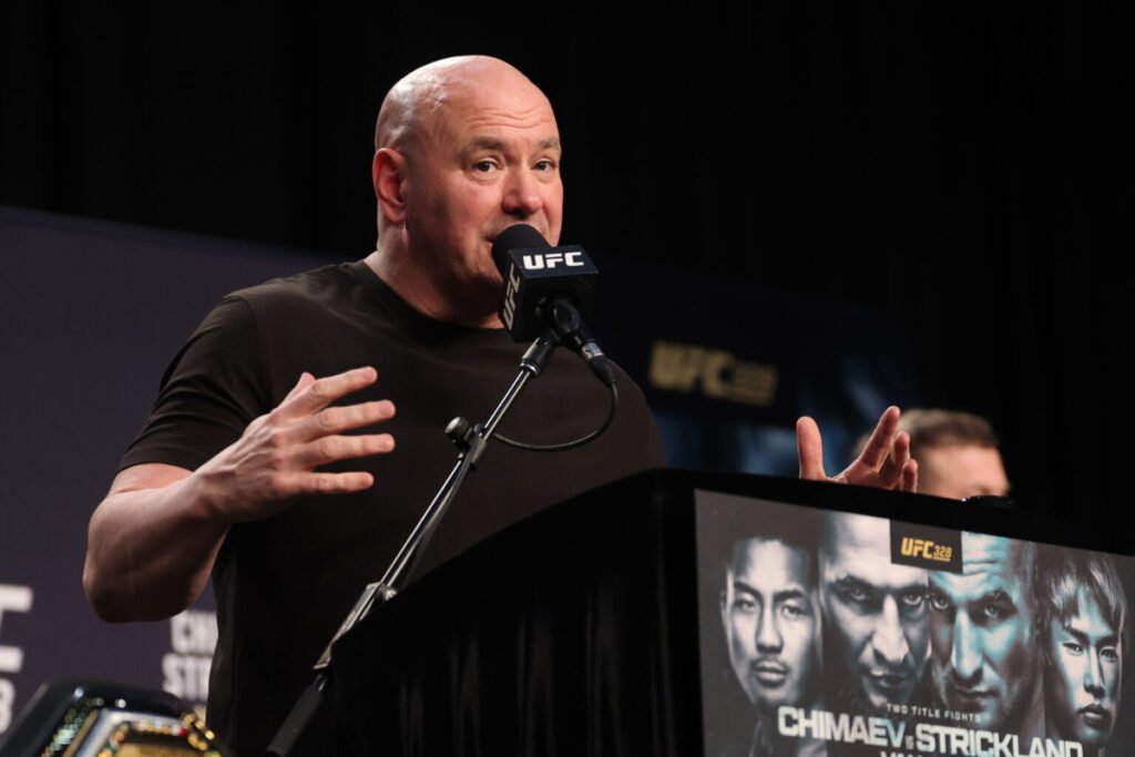Dana White speaks to reporters during a UFC 328 press conference