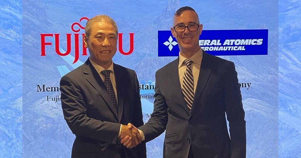 GA-ASI and Fujitsu Sign MOU – Kenichiro Miyazaki (left) from Fujitsu Limited and Zachary Stang from General Atomics Global signed an MOU. (PhotoCopyright © GA-ASI)
