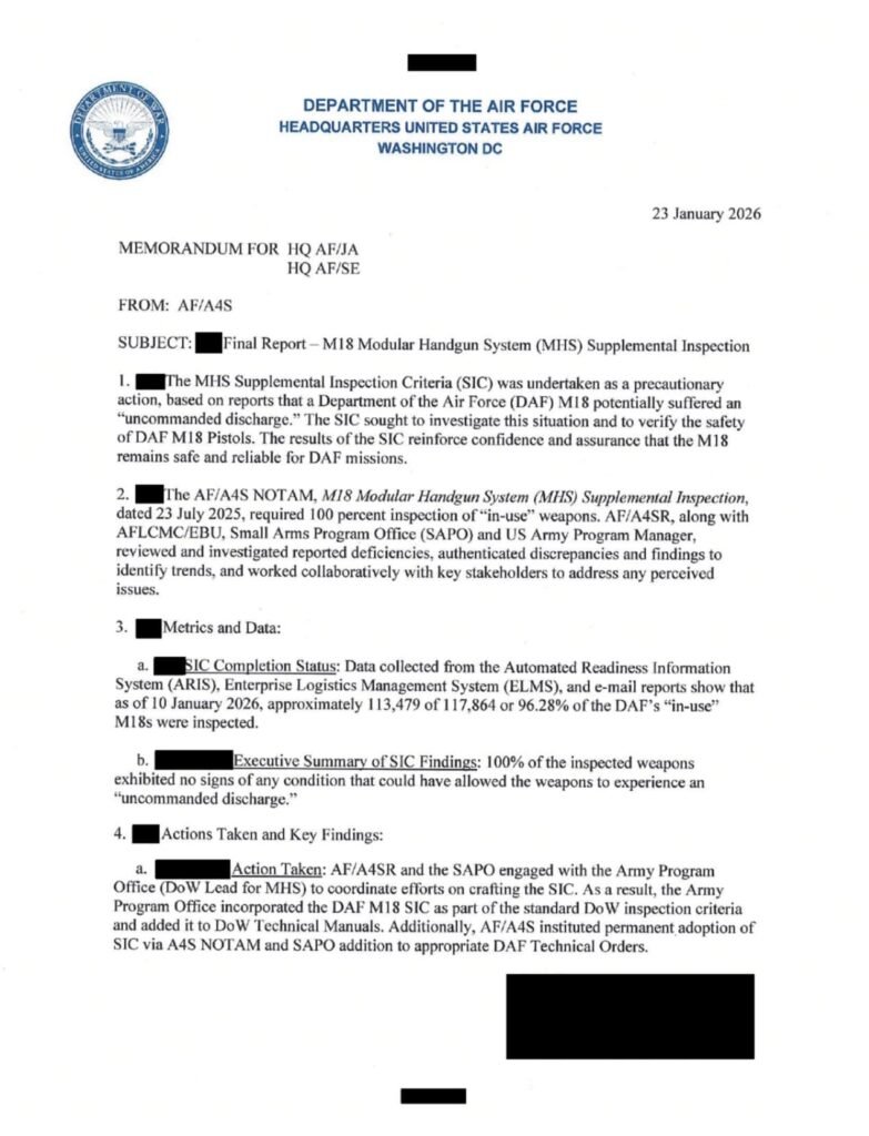 US Air Force Supplemental Inspection of M18 Modular Handguns Found Zero Evidence of Conditions Which Would Allow “Uncommanded Discharge”