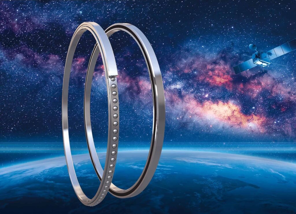 Precision bearings for satellites and space applications Rodriguez develops specially adapted thin-section bearings for demanding space applications – from robotic arms to mobile satellite systems. (Image composition: AI-generated background using Adobe Firefly; product images: © Rodriguez GmbH)